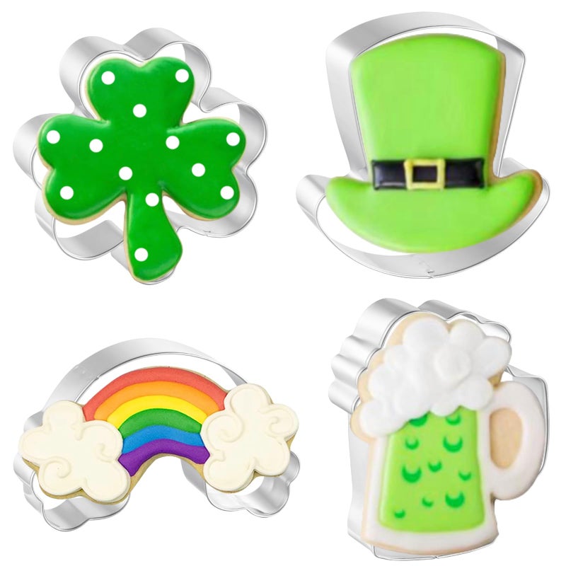 JOB JOL JOB JOL Shamrock Cookie Cutters 4 PCS  3''  3.5''  4''  with Rainbow  Beer Mug  Top Hat  for Irish St.Patrick's Day  - Image 1