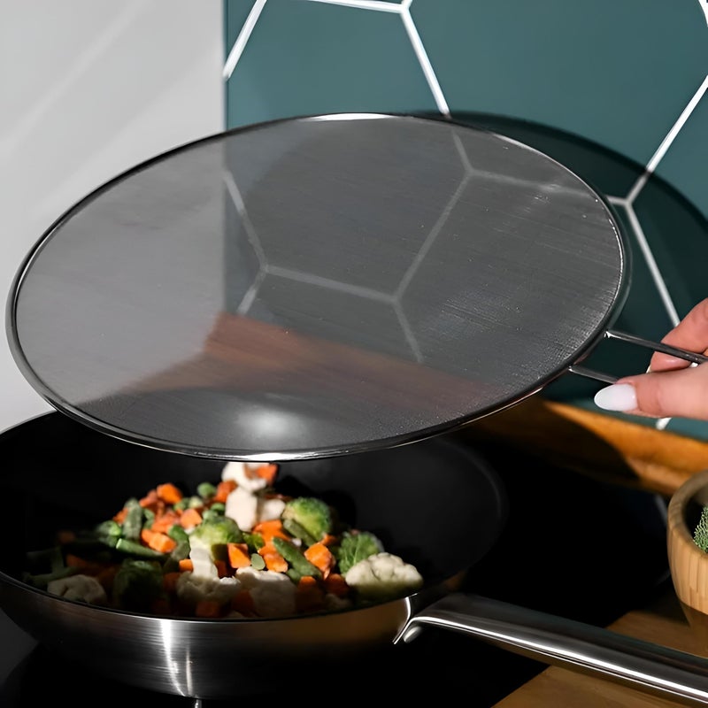 Cooking Lid - 34cm Stainless Steel Mesh Splatter Screen, Oil Resistant Splash Guard with Folding Handle, Heat-Proof Pan Cover for Frying, Practical Kitchen Tool for Safe Cooking, Prevents OilMess, Eas - Image 3