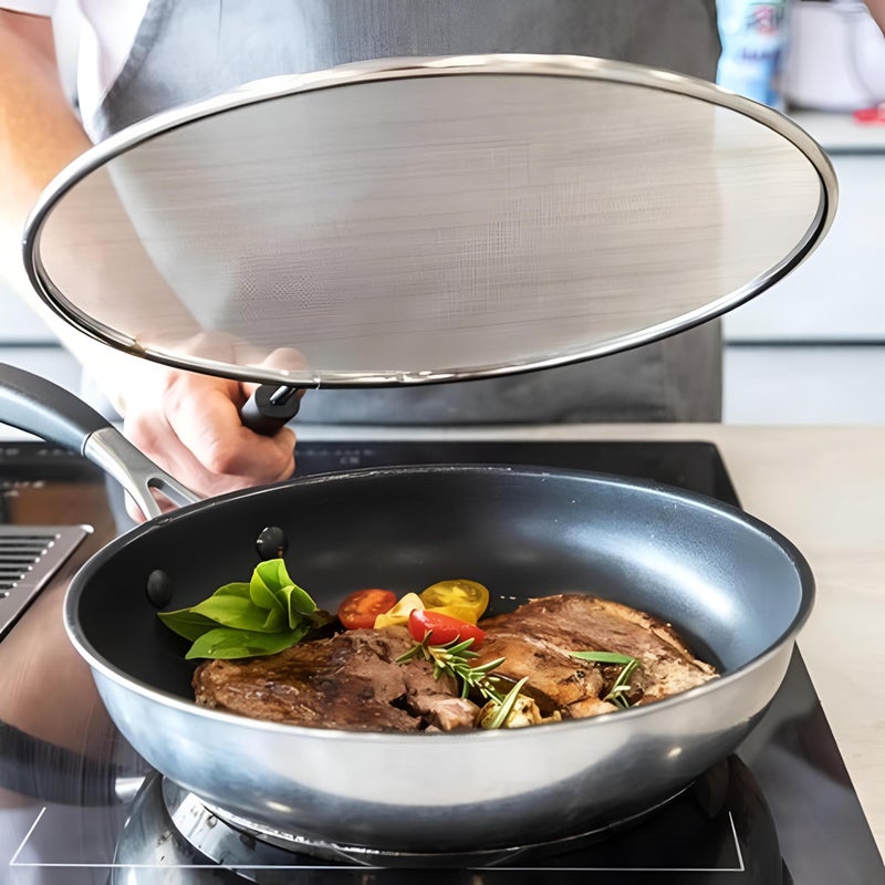 Cooking Lid - 34cm Stainless Steel Mesh Splatter Screen, Oil Resistant Splash Guard with Folding Handle, Heat-Proof Pan Cover for Frying, Practical Kitchen Tool for Safe Cooking, Prevents OilMess, Eas - Image 1