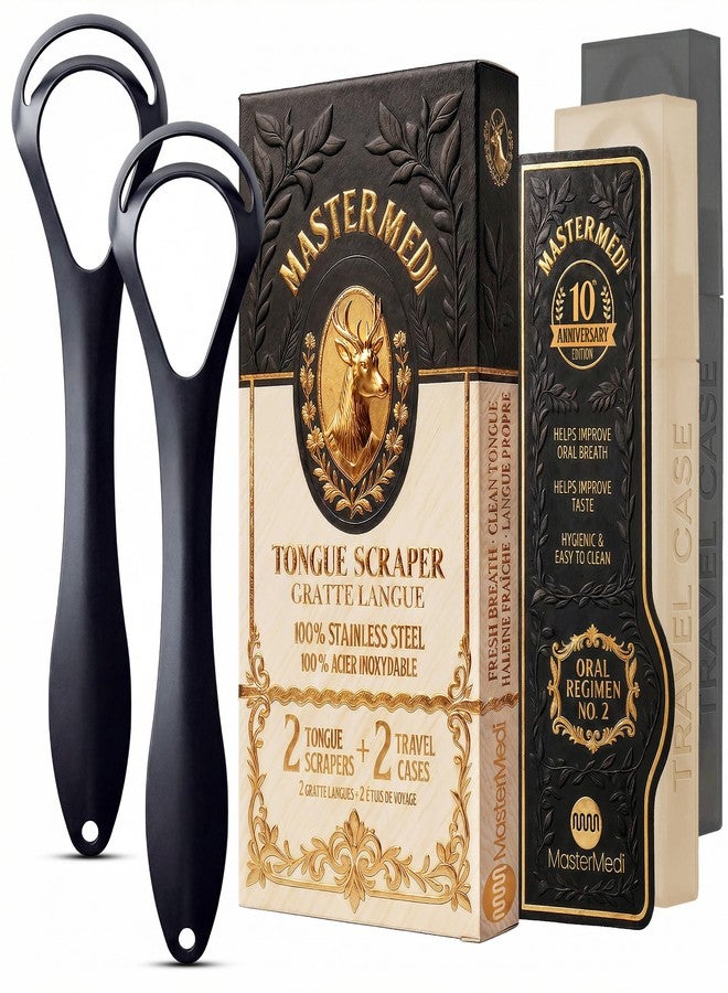 MasterMedi Black Tongue Scraper with Cases (Spoon Shape, 2 Pack, Tongue Scrubber for Bad Breath Treatment, Easy to Use Tongue Scraper for Adults, Tongue Cleaner for Oral Care - Image 1