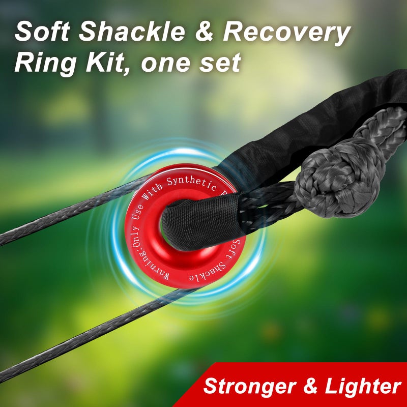 BCJCLTS Synthetic Soft Shackle & Winch Recovery Ring Kit, 1/2'' x 22'' Recovery Soft Shackle(56,000Lbs Breaking Strength), Snatch Recovery Ring for ATV UTV Off-Road Vehicles (Shackles+ Red Ring) - Image 3