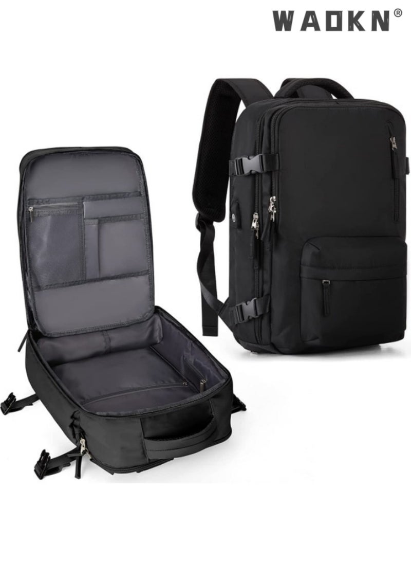 Travel Backpack for Men Women Carry On Backpack with USB Charging Port Shoe Compartment 15.6 Inch Laptop Backpack Flight Approved College School Bag Casual Daypack for Weekender Business Hiking Black