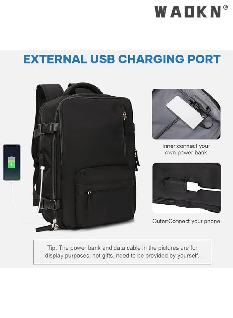 Travel Backpack for Men Women Carry On Backpack with USB Charging Port Shoe Compartment 15.6 Inch Laptop Backpack Flight Approved College School Bag Casual Daypack for Weekender Business Hiking Black
