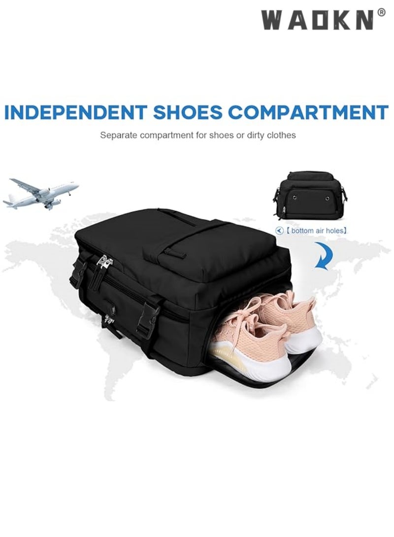 Travel Backpack for Men Women Carry On Backpack with USB Charging Port Shoe Compartment 15.6 Inch Laptop Backpack Flight Approved College School Bag Casual Daypack for Weekender Business Hiking Black