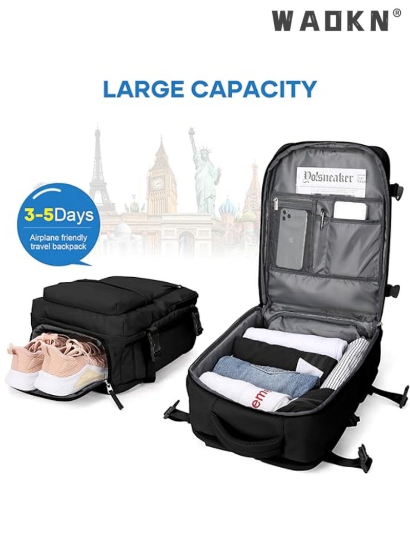 Travel Backpack for Men Women Carry On Backpack with USB Charging Port Shoe Compartment 15.6 Inch Laptop Backpack Flight Approved College School Bag Casual Daypack for Weekender Business Hiking Black