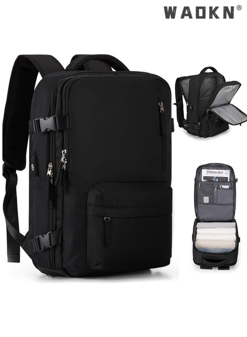 Travel Backpack for Men Women Carry On Backpack with USB Charging Port Shoe Compartment 15.6 Inch Laptop Backpack Flight Approved College School Bag Casual Daypack for Weekender Business Hiking Black