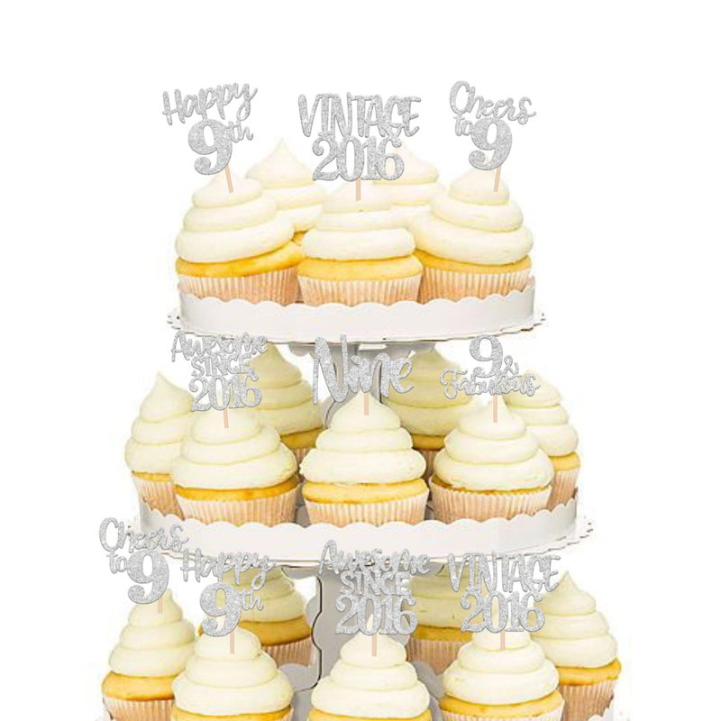 Rsstarxi 24 Pack Vintage 2016 Cupcake Toppers Glitter Nine Cheers to 9 Fabulous 9th Birthday Cupcake Picks for Happy 9th Birthday Wedding Anniversary Party Cake Decorations Silver - Image 4