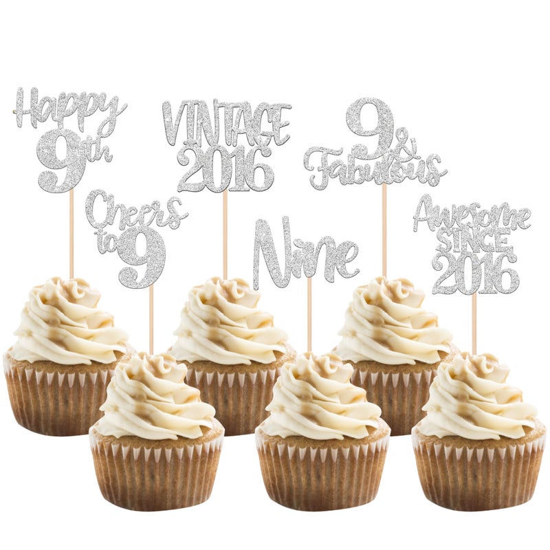 Rsstarxi 24 Pack Vintage 2016 Cupcake Toppers Glitter Nine Cheers to 9 Fabulous 9th Birthday Cupcake Picks for Happy 9th Birthday Wedding Anniversary Party Cake Decorations Silver - Image 1