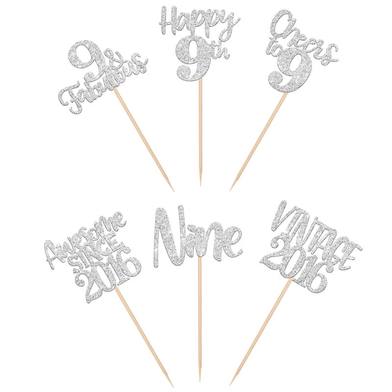 Rsstarxi 24 Pack Vintage 2016 Cupcake Toppers Glitter Nine Cheers to 9 Fabulous 9th Birthday Cupcake Picks for Happy 9th Birthday Wedding Anniversary Party Cake Decorations Silver - Image 3