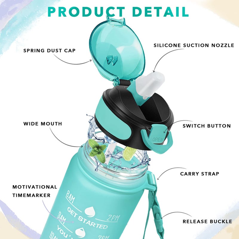 Enerbone 32 Oz Drinking Water Bottle With Times To Drink And Straw  Motivational With Carrying Strap  Leakproof Bpa & Toxic Free  Ensure You Drink Enough Water For Fitness Gym Outdoor - Image 3
