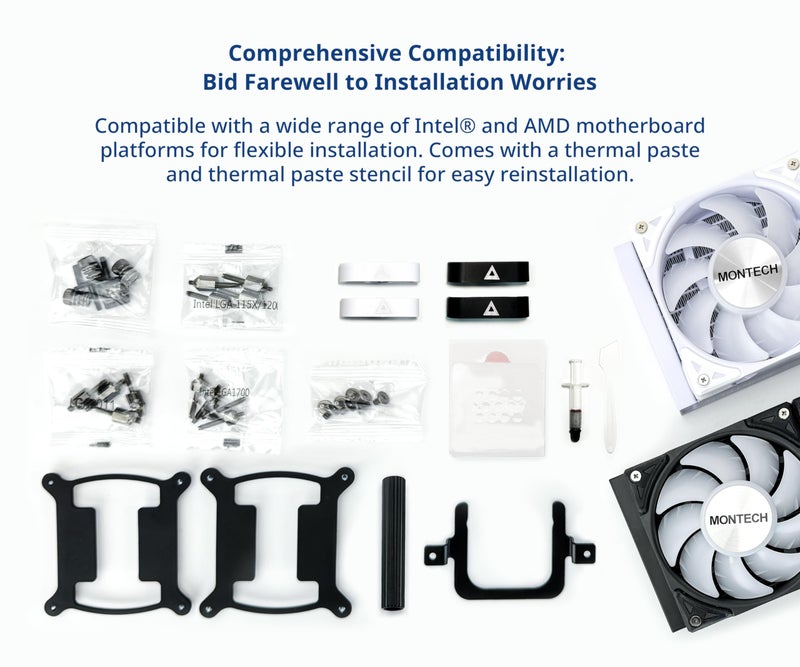 MONTECH HyperFlow ARGB 360 - AIO CPU Liquid Cooler, Intel&AMD Compatible, Chart-Topping Performance, Enhanced 3100RPM Water Pump Design, 3X Metal Pro 12 ARGB Ultimate Cooling Fans - Black - Image 5