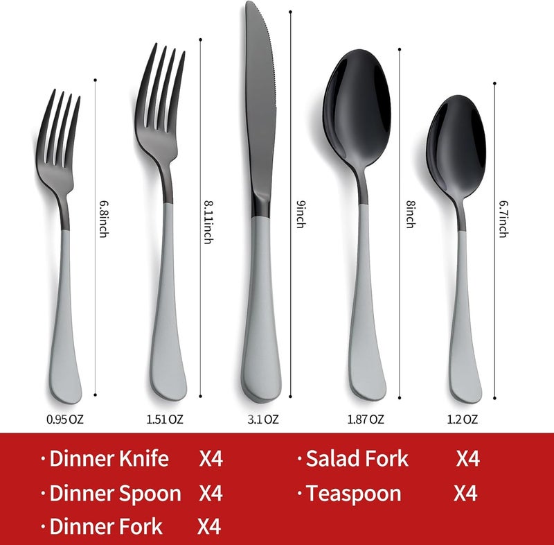 Onlycooker 20Piece Black Silverware Set 180 Stainless Steel Flatware Gray Handle Cutlery Set Service for 4 Dinner Knives Forks Spoons Set Mirror Finish Dishwasher Safe - Image 2