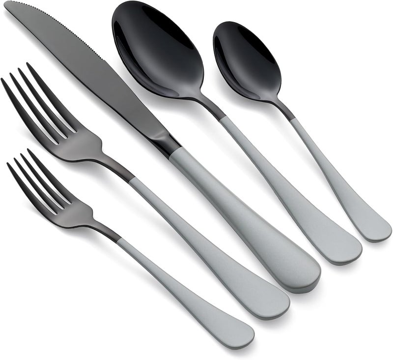 Onlycooker 20Piece Black Silverware Set 180 Stainless Steel Flatware Gray Handle Cutlery Set Service for 4 Dinner Knives Forks Spoons Set Mirror Finish Dishwasher Safe - Image 1