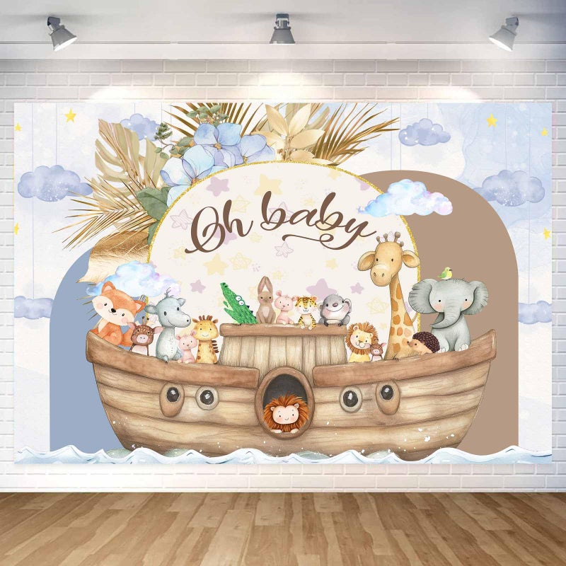 Pinpai 7X5ft Noah's Ark Baby Shower Photo Backdrop Photography Background, Oh Baby Boho Cartoon Animal Woodland Ocean Newborn Kid Party Backdrops Photo Booth Prop Decorations Wall Decor Tablecloth - Image 1
