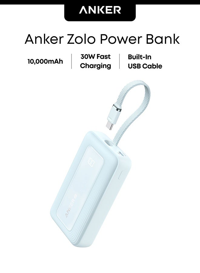 أنكر بنك طاقة زولو، 10,000 مللي أمبير 30 واط شاحن محمول عالي السرعة مع كابل USB-C مدمج، حزمة بطارية لهاتف آيفون 17/17 إير/17 برو/17 برو ماكس/16 سلسلة، جالاكسي، والمزيد (أزرق، 10000 مللي أمبير) - Image 1