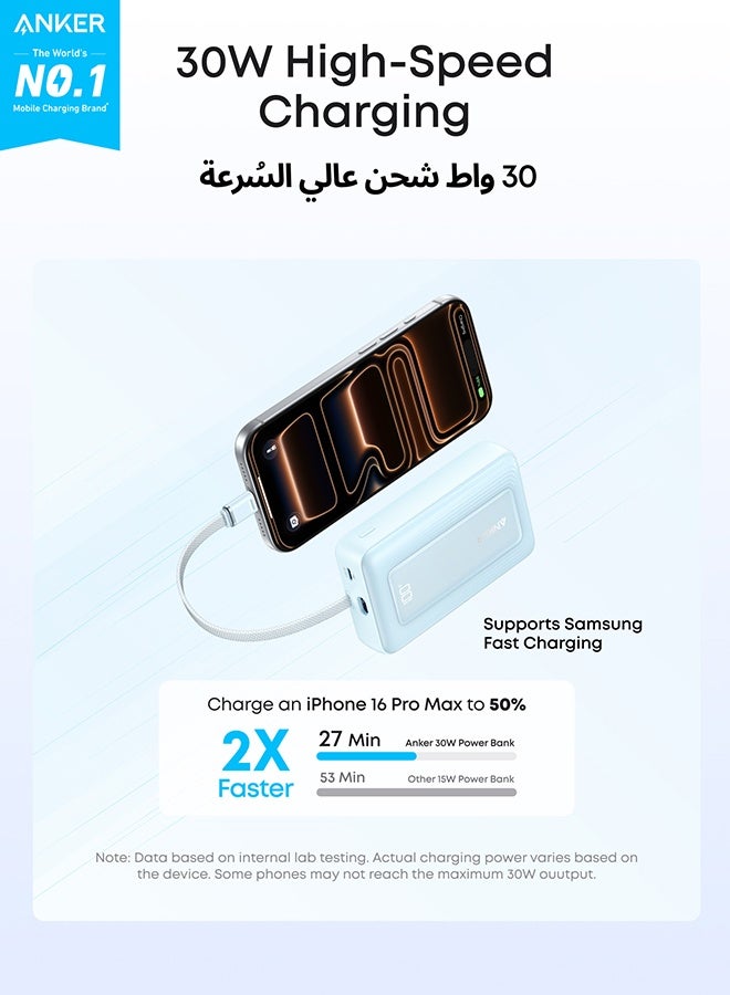 أنكر بنك طاقة زولو، 10,000 مللي أمبير 30 واط شاحن محمول عالي السرعة مع كابل USB-C مدمج، حزمة بطارية لهاتف آيفون 17/17 إير/17 برو/17 برو ماكس/16 سلسلة، جالاكسي، والمزيد (أزرق، 10000 مللي أمبير) - Image 3
