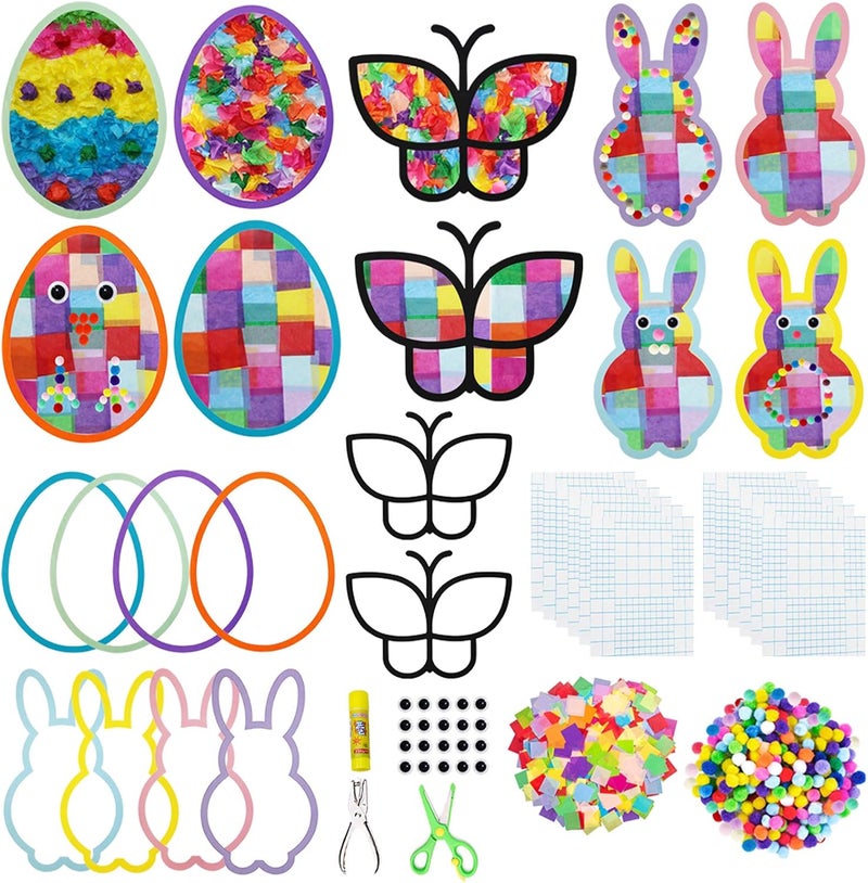 Exquiss Exquiss 1600 Pcs Easter DIY Crafts Tissue Paper Suncatcher Silhouette Window Decorations Bunny Egg Butterfuly Crafts for Kids Easter Crafts Suncatchers Easter DIY Activities School Art Crafts  - Image 1