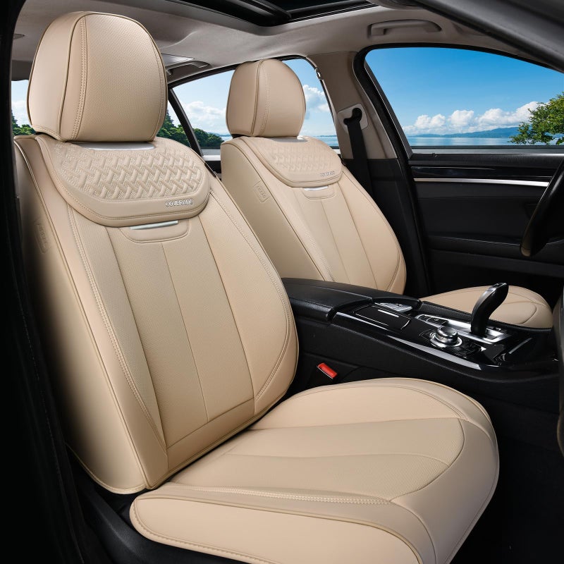 Coverado Seat Covers Car Seat Covers Front Seats Beige Nappa Leather Car Seat Covers 2 Pack Waterproof Front Seat Covers Breathable Leather Seat Cushion Universal Fit Most Cars Trucks
