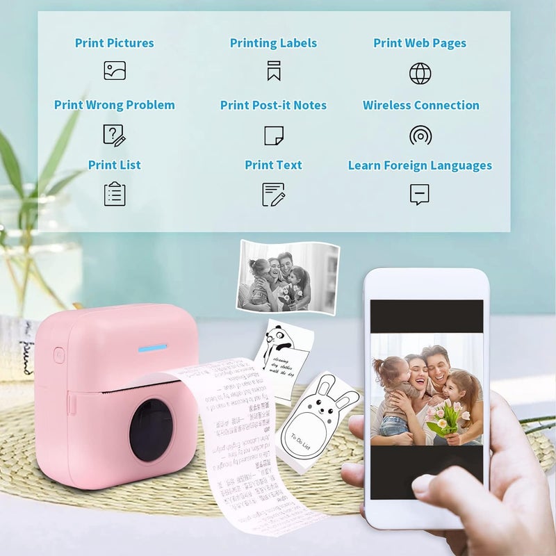 Molor Mini Sticker Printer, Bluetooth Smart Pocket Inkless Thermal Printer with 9*Thermal Paper,5*Adhesive Thermal Paper,for iOS & Android, Portable Receipt Printer for Photo Journal Notes Memo (Pink) - Image 4