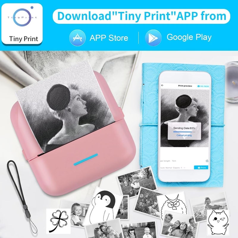 Molor Mini Sticker Printer, Bluetooth Smart Pocket Inkless Thermal Printer with 9*Thermal Paper,5*Adhesive Thermal Paper,for iOS & Android, Portable Receipt Printer for Photo Journal Notes Memo (Pink) - Image 2