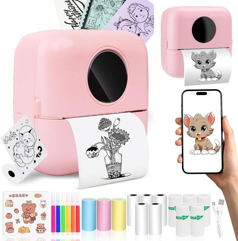 Molor Mini Sticker Printer, Bluetooth Smart Pocket Inkless Thermal Printer with 9*Thermal Paper,5*Adhesive Thermal Paper,for iOS & Android, Portable Receipt Printer for Photo Journal Notes Memo (Pink) - Image 1