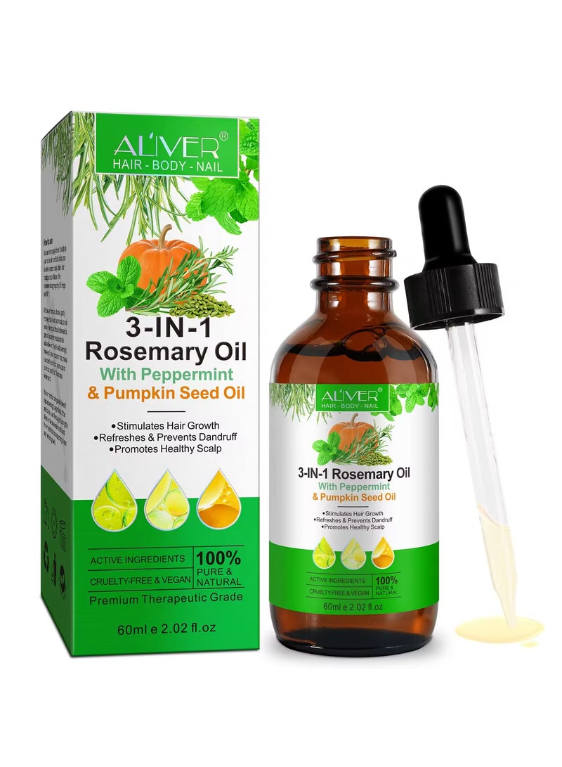 أليفر زيت العناية بالشعر والبشرة  3في1 زيت إكليل الجبل, زيت بذور النعناع وزيت بذور اليقطين, زيت عشبي لتسريع نمو الشعر للنساء ذوات البشرة السمراء، زيت نقي لتحفيز نمو الشعر العادي والمجعد 60مل - Image 2