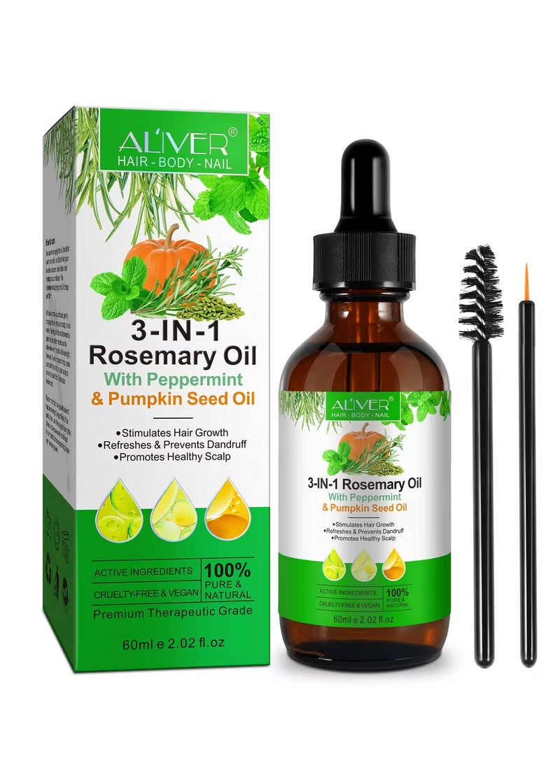 أليفر زيت العناية بالشعر والبشرة  3في1 زيت إكليل الجبل, زيت بذور النعناع وزيت بذور اليقطين, زيت عشبي لتسريع نمو الشعر للنساء ذوات البشرة السمراء، زيت نقي لتحفيز نمو الشعر العادي والمجعد 60مل - Image 1