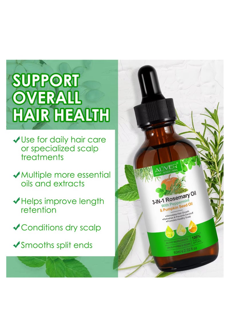 أليفر زيت العناية بالشعر والبشرة  3في1 زيت إكليل الجبل, زيت بذور النعناع وزيت بذور اليقطين, زيت عشبي لتسريع نمو الشعر للنساء ذوات البشرة السمراء، زيت نقي لتحفيز نمو الشعر العادي والمجعد 60مل - Image 3