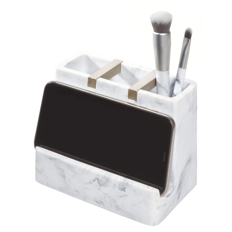 InterDesign iDesign 28250 Dakota Resin Marble Vanity Center for Toothbrush, Cell Phone, Bathroom Countertops, Desks, Vanities, Dorm, Office - White Marble and Satin Metal Accents - Image 4