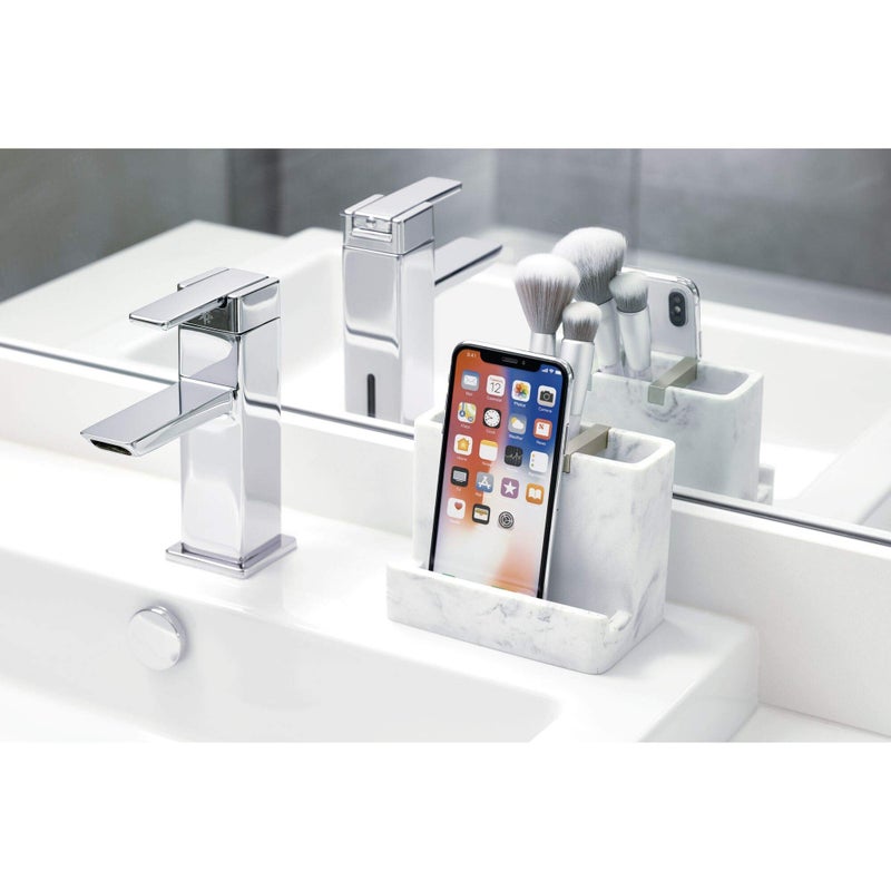 InterDesign iDesign 28250 Dakota Resin Marble Vanity Center for Toothbrush, Cell Phone, Bathroom Countertops, Desks, Vanities, Dorm, Office - White Marble and Satin Metal Accents - Image 2