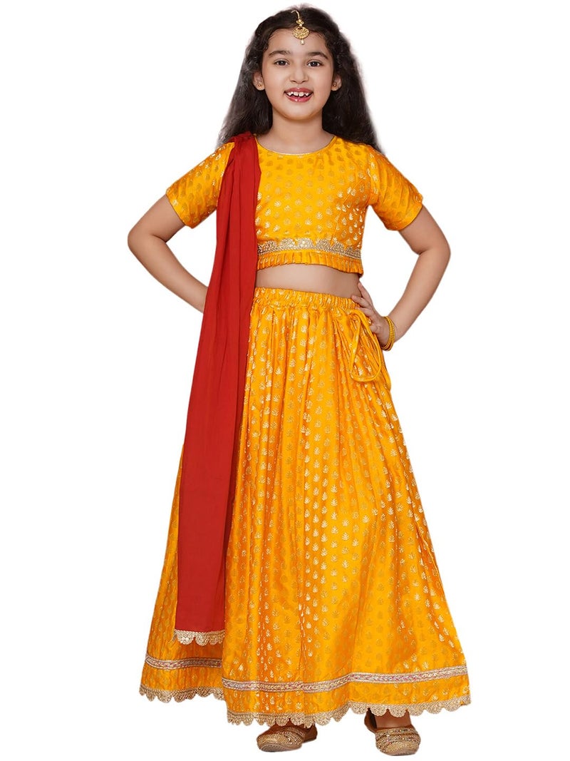 AJ DEZINES Kids Ethnic Wear Poly Chanderi Motif Printed YELLOW Readymade Lehenga Choli For Girls With Dupatta (G-LH-17-YELLOW-24), 4 -5 Years - Image 1