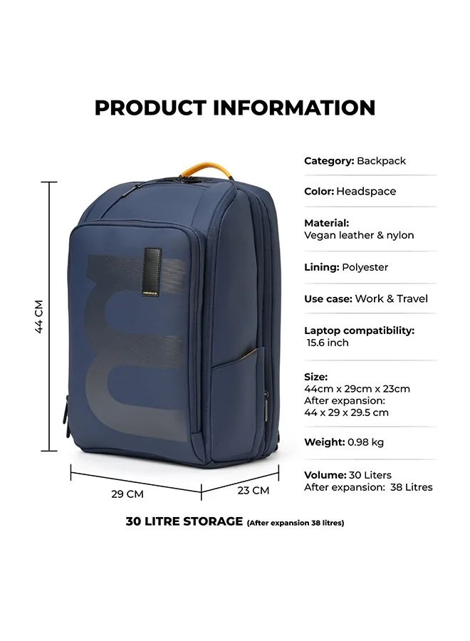 Mokobara Em Telescope Backpack | 30L Expandable to 38L | Fits 16 inch Laptop | Water-Resistant Vegan Leather & Nylon | Travel, Work & School | Ergonomic Design, Padded Straps (Blue)