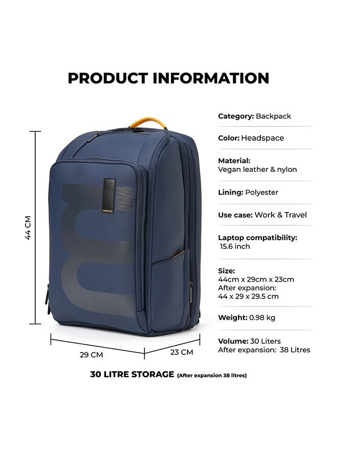 Mokobara MOKOBARA Em Telescope Backpack | 30L Expandable to 38L | Fits 16 inch Laptop | Water-Resistant Vegan Leather & Nylon | Travel, Work & School | Ergonomic Design, Padded Straps (Blue)  - Image 2