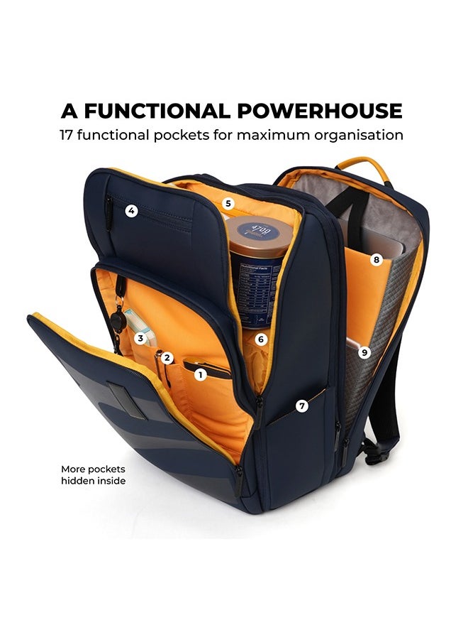 Mokobara MOKOBARA Em Telescope Backpack | 30L Expandable to 38L | Fits 16 inch Laptop | Water-Resistant Vegan Leather & Nylon | Travel, Work & School | Ergonomic Design, Padded Straps (Blue)  - Image 3