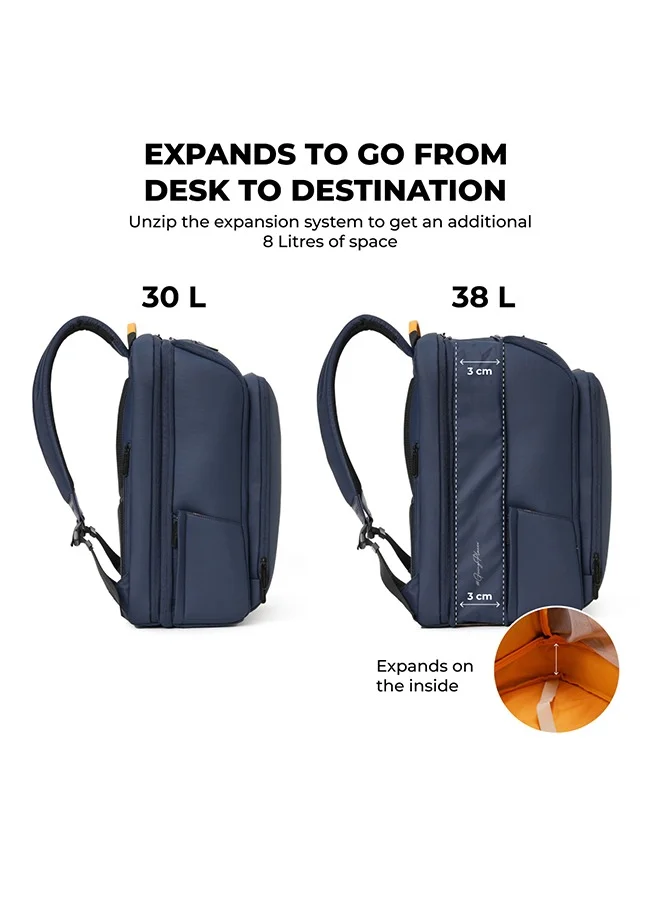 موكوبارا للتجارة ذ.م.م Em Telescope Backpack | 30L Expandable to 38L | Fits 16 inch Laptop | Water-Resistant Vegan Leather & Nylon | Travel, Work & School | Ergonomic Design, Padded Straps (Blue)