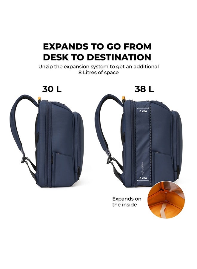 Mokobara MOKOBARA Em Telescope Backpack | 30L Expandable to 38L | Fits 16 inch Laptop | Water-Resistant Vegan Leather & Nylon | Travel, Work & School | Ergonomic Design, Padded Straps (Blue)  - Image 4