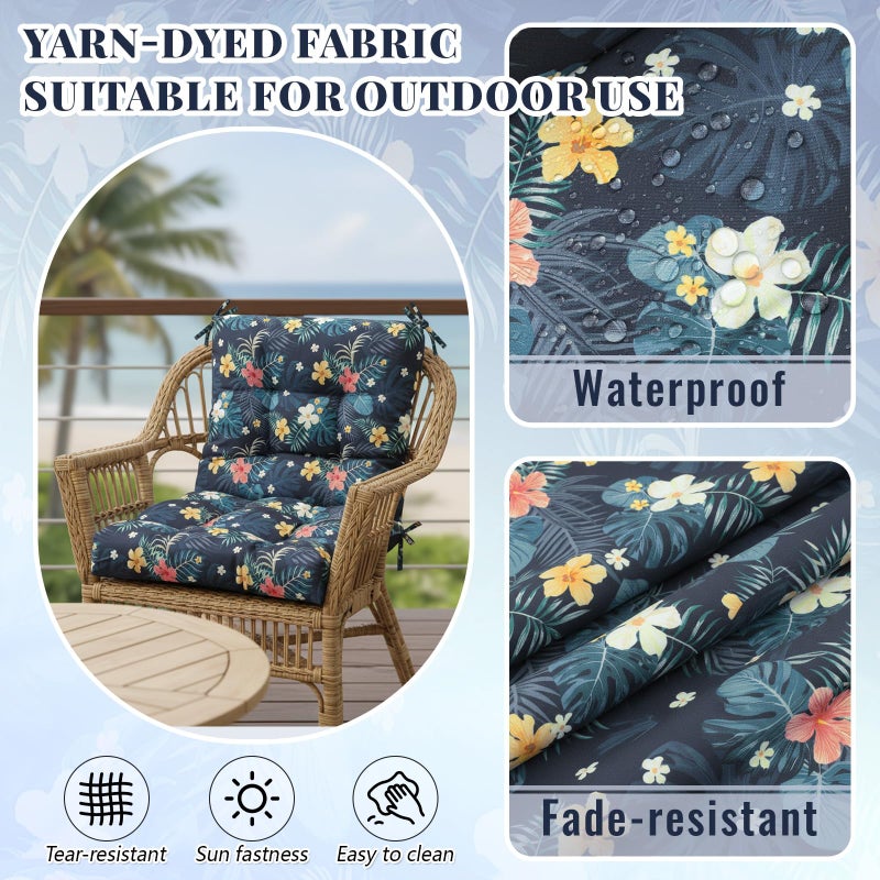 Marsui 4 Pcs Outdoor Indoor High Back Chair Cushions Patio Furniture Tufted Pillow with Ties Water-Resistant Replacement Outdoor Rocking Chair Cushions, 42 x 21 Inches (Dark Color,Plants) - Image 3