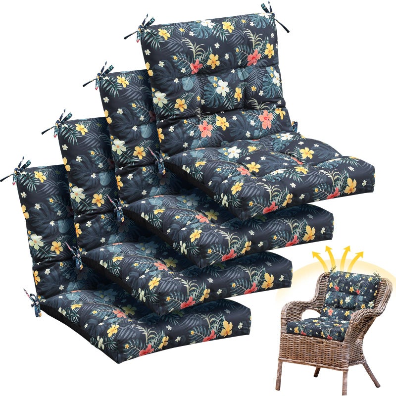 Marsui 4 Pcs Outdoor Indoor High Back Chair Cushions Patio Furniture Tufted Pillow with Ties Water-Resistant Replacement Outdoor Rocking Chair Cushions, 42 x 21 Inches (Dark Color,Plants) - Image 1