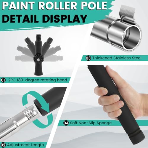 Frebuta Paint Roller Extension Pole with Swivel,2Ft to11Ft Multi-Purpose Splice Extension Pole Long Handle with 180 Degree Swivel Head Window Squeegee Gutter Cleaning Tools Soft Sponge Handle - Image 3