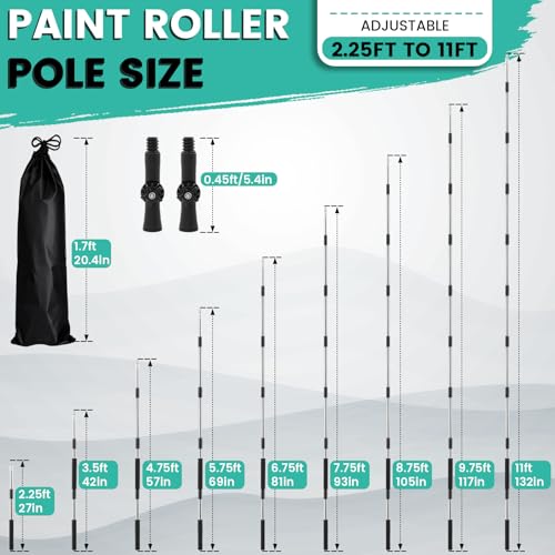 Frebuta Paint Roller Extension Pole with Swivel,2Ft to11Ft Multi-Purpose Splice Extension Pole Long Handle with 180 Degree Swivel Head Window Squeegee Gutter Cleaning Tools Soft Sponge Handle - Image 2