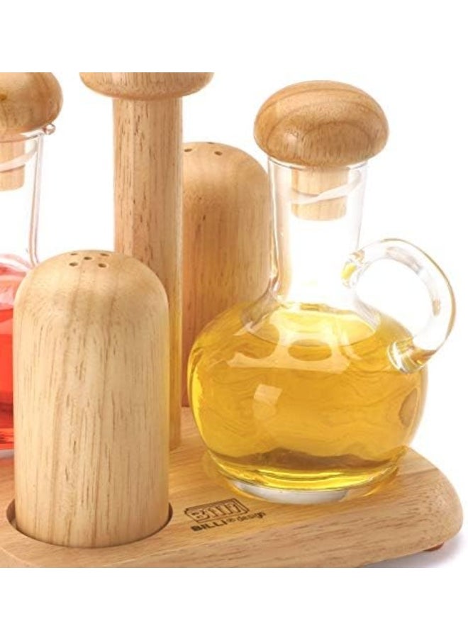 BILLI Billi Glass Oil & Vinegar Bottles And Salt & Pepper Shakers With Wooden Stand  - Image 3