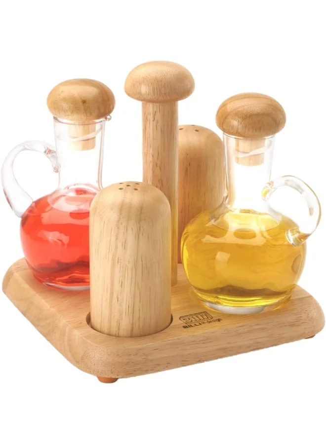 بيلي Billi Glass Oil & Vinegar Bottles And Salt & Pepper Shakers With Wooden Stand