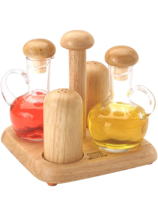 BILLI Billi Glass Oil & Vinegar Bottles And Salt & Pepper Shakers With Wooden Stand  - Image 1