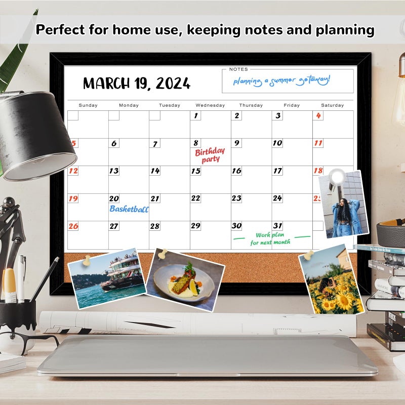 ABERLLS Monthly Calendar Dry Erase Board for Wall, 17''x13'' Whiteboard with Black Wood Framed, Magnetic White Boards, 2in1 White Board Cork Board Combo - Image 4