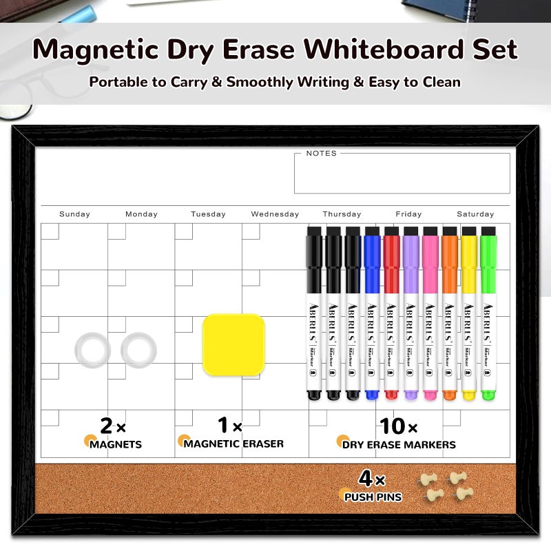 ABERLLS Monthly Calendar Dry Erase Board for Wall, 17''x13'' Whiteboard with Black Wood Framed, Magnetic White Boards, 2in1 White Board Cork Board Combo - Image 2