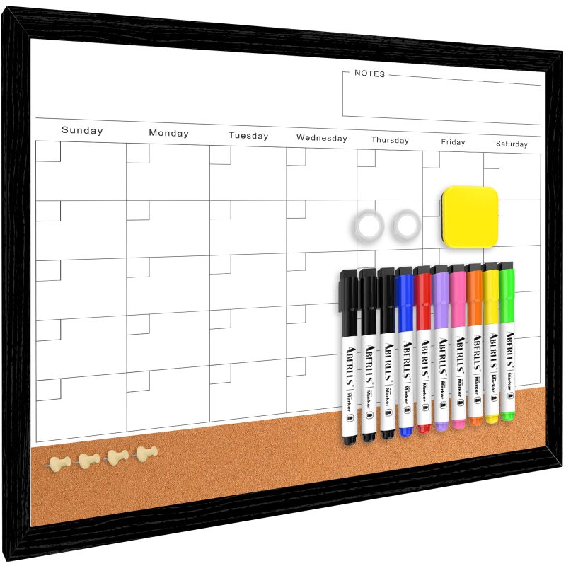 ABERLLS Monthly Calendar Dry Erase Board for Wall, 17''x13'' Whiteboard with Black Wood Framed, Magnetic White Boards, 2in1 White Board Cork Board Combo - Image 1