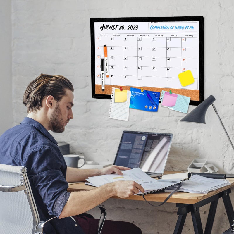 ABERLLS Monthly Calendar Dry Erase Board for Wall, 17''x13'' Whiteboard with Black Wood Framed, Magnetic White Boards, 2in1 White Board Cork Board Combo - Image 5