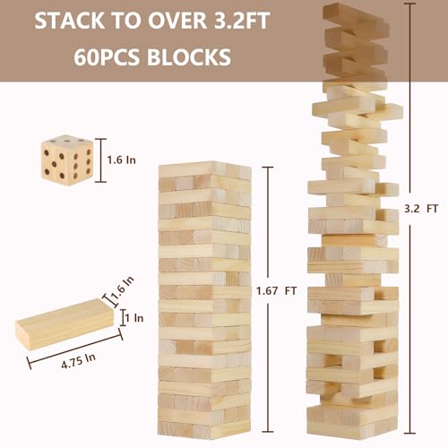 Aivalas Medium Tumble Tower 60PCS Wooden Block Stacking Yard Games with Carrying Bag Indoor Outdoor Game for Kids and Adults Party Games for Backyard Lawn Beach Camping Over 32 Ft - Image 5