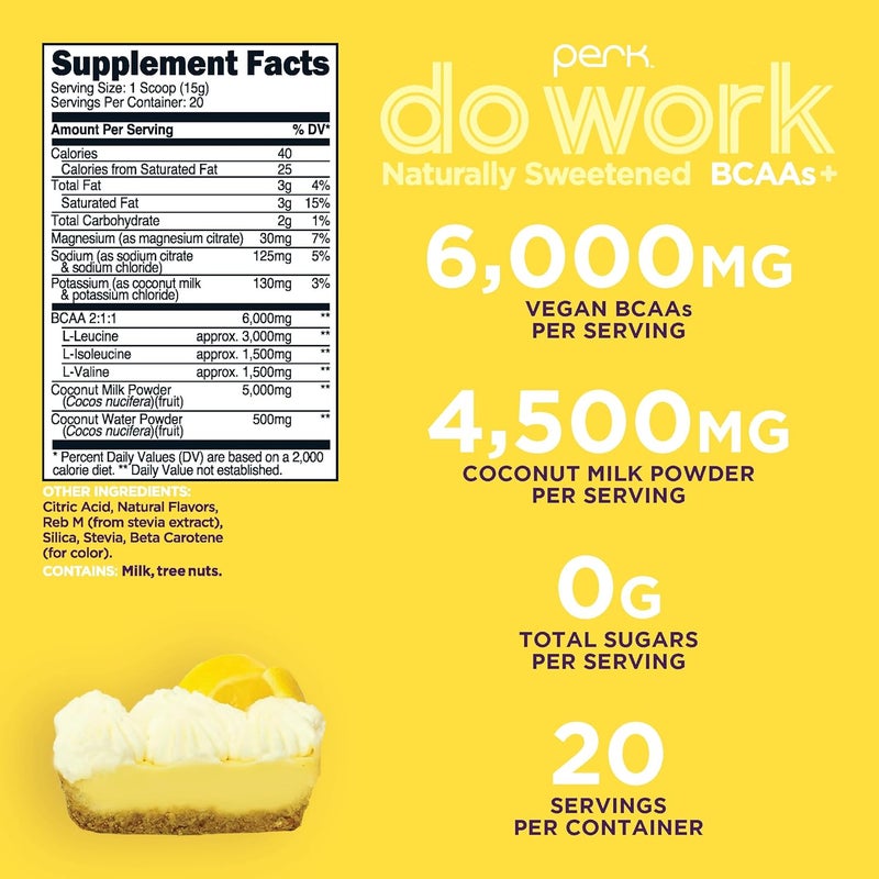Perk Do Work BCAAs  Hydration Electrolytes Powder Naturally Sweetened Lemon Tart Flavored 20 Servings  with Coconut Water  Coconut Milk - Image 2