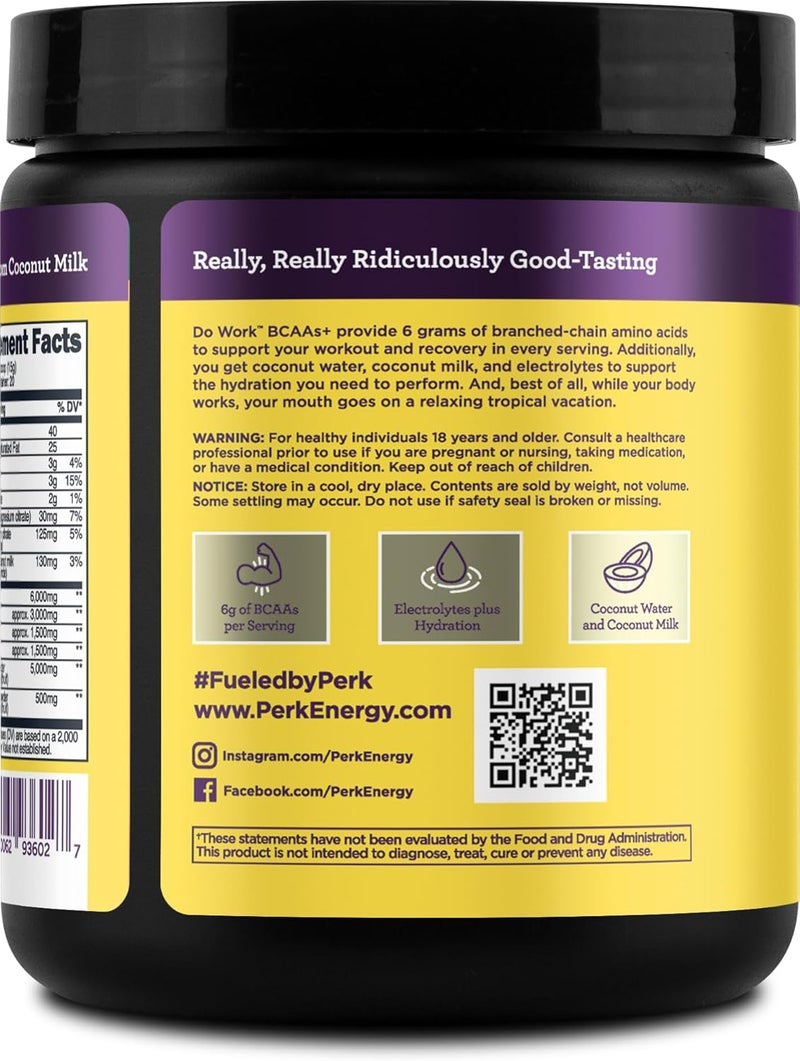 Perk Do Work BCAAs  Hydration Electrolytes Powder Naturally Sweetened Lemon Tart Flavored 20 Servings  with Coconut Water  Coconut Milk - Image 3